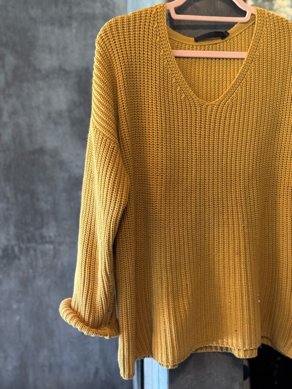 Jenny Kane Organic Cotton Blend Mustard V-Neck Knit Sweater
